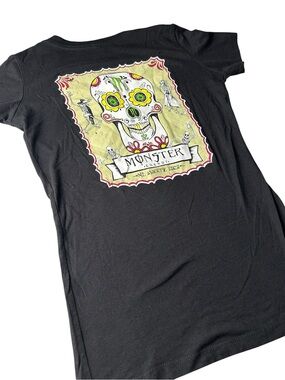 Monster Energy Y2K Style Shirt Black Sugar Skull Skate V Neck Cotton Size M